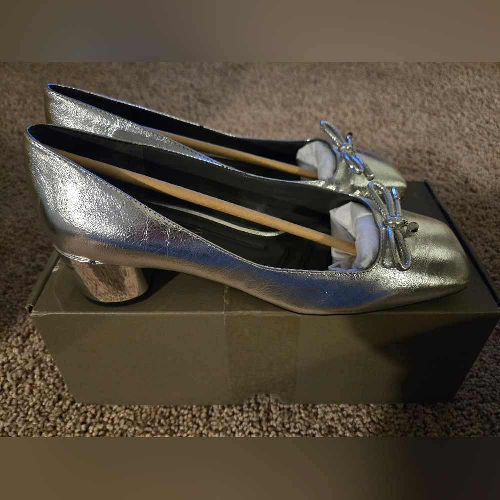 Franco Sarto Silver Metallic Square-Toe Block Heel Pump with Bow - Picture 11 of 14